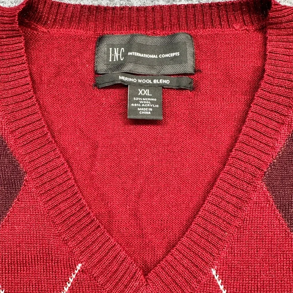 INC International Concepts Argyle‎ Sweater Mens XXL Red Merino Wool Blend